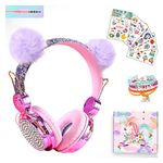 SVYHUOK Girls Purple Pompon Wired Headphones,Cute Cat Ear Kids Game Headset for Teens Tablet Laptop PC,Over Ear Children Headset withMic,for School Birthday Xmas Gifts