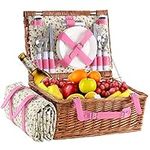 HYBDAMAI Wicker Picnic Basket for 4 with Waterproof Picnic Blanket and Insulated Cooler, Willow Hamper for Camping, Outdoors, Photoshoot, or a Birthday, Valentine’s Day, Wedding Gift, Pink