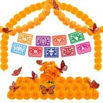 Day of The Dead Decorations Set, Include 2 Pack Marigold Garland, 50pcs Silk Marigold Flowers with Stems, 10pcs Butterfly and 18 Feet Mexican Party Banner for Dia De Los Muertos Diwali Decor