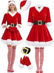 SOMSOC 5 Pack Women Christmas Costume Set Velvet Dress with Belt Striped Over Knee High Socks Santa Hat Gloves for Cosplay