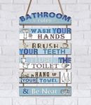 KAIRNE Bathroom Decorations,Blue Bathroom Rules Wooden Sign for Toilet,Wash Your Hands Brush Your Teeth Rustic Hanging Wood Plauqe Bathroom signs Toilet Decoration