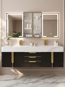homary 60 inch Floating Bathroom Vanity with Double Sink, Modern Sintered Stone Top, Ample Storage for Master Bathroom, Black