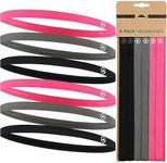 Elastic Thin Sports Headbands - Athletic Non Slip Skinny Headbands for Women Men Boys Girls Kids- 6-Pack Silicone Grip Hairband Mini Sweat Band, Great for Workouts (2 Black / 2 Gray / 2 Hot Pink)