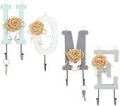 Juvale Home Key Holder with 7 Pegs, Wooden Letters with Burlap Flowers for Rustic Entryway Wall Décor (4 Colors)