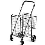 COSTWAY Folding Shopping Trolley on Wheels, Height Adjustable Metal Grocery Utility Cart with Back Basket & Foam Covered Handle, Portable Luggage Utility Push/Pull Carts (Black)