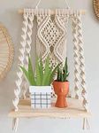 ACN kohinoor | Macrame Wall Hanging Shelf, Boho Handmade Floating Wooden Book Shelve for Home Decor, Bedroom, Living Room, Nursery, Decoration 10x5x22 Inch,1-Pcs, Off-White (Red)