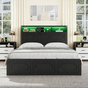 3 Pieces Bedroom Set, Queen Size Wood Platform Bed Frame and 2 Nightstands, Storage Headboard and Nightstand with Charging Station, Solid Wood Slats Support, No Box Spring Needed, Black