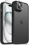 Mootobo Case for iPhone 15 Plus, 4 in 1 Skin Touch Phone Bumper Cover, Built-in 2 Tempered Glass Screen Protector +1 HD Camera Lens Protector, Shockproof Hard Phone Cover (Black)