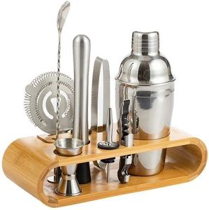 BOOC (9PCS) Cocktail Shaker Set Bartender Kit with Stand | Bar Kit Drink Mixer Set with All Essential Bar Accessory Tools: Martini Shaker, Jigger, Strainer, Mixer Spoon, Muddler, Liquor Pourers (700ml)Silver