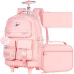 Rolling Backpack for Girls Women, 21 inch Water Resistant Roller Wheels Backpacks, Wheeled Bookbag with Lunch Bag for Teen Elementary School Travel - Pink