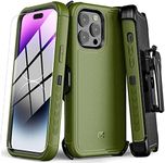 M MYBAT PRO Shockproof Maverick Series Case for iPhone 14 Pro Case with Belt Clip Holster and Tempered Glass, 6.1", Heavy Duty Military Grade Drop Protective Case with 360° Rotating Kickstand-Green