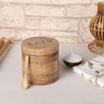 dudki Wooden Salt Box with Magnetic Lid & Wooden spoon| Round Salt Container| Bowl Pot Jar Salt Box | Mango Wood for Dinning Table| Kitchen Home| Seasonings