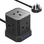 Cube Extension Lead with USB Slots, AUOPLUS 5 Way Power Strip with 4 USB Ports(5V/3.1A), 3250W/13A Black Multi Plug Power Extension Socket,1.5M Extension Cable Cords for Desk Home Office Travel