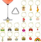 18 Pcs Wine Glass Charms Set 80's Vintage Markers Wine Glass Rings Tag Identification with Buckle and Drawstring Bag for Stem Glasses, Bachelorette Party, Wine Tasting Party Favors Decorations