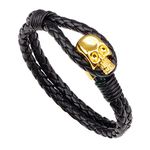 Black Braided Leather Bracelet Skull Bracelets for Men Cowhide Leather Cuff Bracelet for Halloween Skeleton Leather Bangle Bracelet(gold)