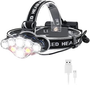 Rechargeable Headlamp, 8 Modes Multi-Function Headlight Flashlight 18000 Lumens, Waterproof Head Torch Heads Light with Red Light for Camping, Fishing, Car Repair, with USB Cable