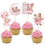 Gyufise 36Pcs Baby Shower Bear Cupcake Toppers Moon Baby Bear Baby Shower Cake Topper Decorations Jungle Animal Theme Baby Shower Birthday Party Cake Supplies Pink