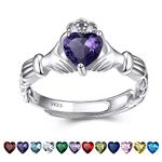 Bestyle 925 Sterling Silver Heart Crytsal Celtic Claddagh Rings | Classic Silver February Amethyst Birthstone Rings for Women, Great Birthday Gift for Daughter/Wife/Mom/Grandma