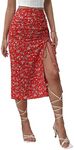 Floerns Women's Boho Floral High Waist Split A Line Midi Skirt Red Drawstring X-Large