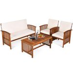 DORTALA Outdoor 4 Piece Acacia Wood Sofa Set w/Water Resistant Cushions, Padded Patio Seating Chat Set w/Coffee Table for Garden, Backyard, Poolside, White