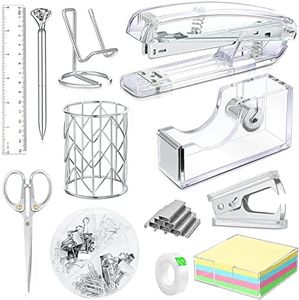 Office Desk Accessories, Acrylic Stapler, Staple Remover, Tape Holder, Pen Holder, Ballpoint Pen, Scissor, Binder Clips, 1000pcs Staples, Phone Holder, Ruler, Transparent Glue and 300 Notes