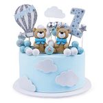 BlingABC Bear Cake Topper 49Pcs,3D Twin Bears with Balls Clouds Glitter Stars Cake Decoration for Boy Birthday Baby Shower Teddy Bear Theme Party Supplies(Blue Bear)