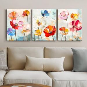 3-Piece Colorful Floral Canvas Wall Art Set | Flowers Textured Art Prints Painting, 12x16 Inch Flowers Pictures Wall Decor - Canvas Wall Art for Living Room Girls Bedroom Bathroom Kitchen Dining Room