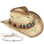 Men's Women's Straw Cowboy Hat Cowgirl Woven Sun Hat Western Cowboy Hat Two Decorative Bands, Beige-a, One Size