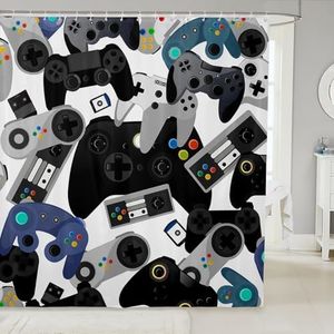 Gamer Gamepad Shower Curtain Teen Boys Girls Kids, Video Games Room Curtain, 72" W x 72" L, with 12 Holes, Red Blue White Black