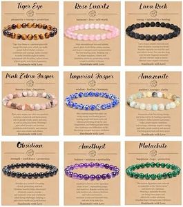 BOMAIL 9PCS Natural Crystal Bracelets for Women Men - 8mm Semi-Precious Gemstone Beaded Bracelets, Round Gemstones Stretch Bracelet, Yoga Bracelets Jewelry