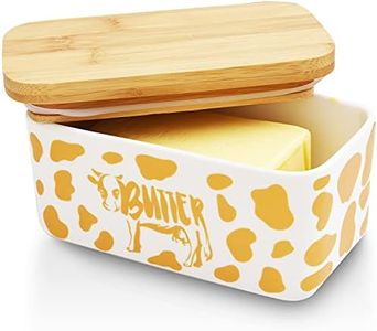 Lumicook Butter Dish with Lid, Farmhouse Cow Butter Dish, Covered Butter Holder, Two Sticks of Butter, Large Covered Tray with Bamboo Lid (Gold)