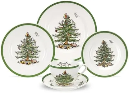 Spode Christmas Tree 5-Piece Holiday Dinnerware Set - Festive Earthenware Tableware Collection with Plates, Teacups, Saucers - Microwave, Dishwasher Safe - Christmas Dinnerware & Holiday Tableware