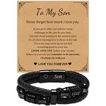 FLHEART To My Son Bracelet : Gift for Son from Mom Premium Genuine Leather Bracelet for Dad Son Handsome Black Stainless Steel Magnetic Clasp Bracelet Cuff Bangle for Father's Day Graduation