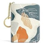 Credit Card Holder, Small RFID Card Wallet Slim Leather Card Organizer Case with Zipper & Keychain, Abstract Boho Leaves