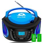 KLIM Boombox Portable Audio System - NEW 2023 - FM Radio CD Player Bluetooth MP3 USB AUX - Includes Rechargeable Batteries - Wired & Wireless Modes - Compact and Sturdy - Blue