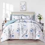 7 Pieces Bed in a Bag King Comforter Set with Sheets, Blue Flower Branch on White Botanical Bedding Sets for All Season (1 Comforter, 2 Pillow Shams, 1 Flat Sheet, 1 Fitted Sheet, 2 Pillowcases)