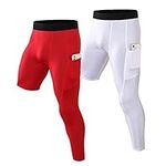 One Leg Compression Tights for Basketball Athletic Workout Gym Leggings with Pockets, White+red(left 3/4), Medium