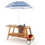 COSTWAY Wooden Mud Kitchen, Outdoor Kitchen Playset with Umbrella, Sink, Storage Cabinet and Accessories, Wheeled Role Pretend Cooking Cart for Kids Toddlers (Natural+Blue)