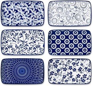 vancasso Selene 8.5 Inch Rectangular Salad Plates Set of 6, Ceramic Salad Plates for Sushi, Dessert, Appetizer, Porcelain Platters for Kitchen Decor, Microwave & Oven Safe, Vintage Blue & White Color