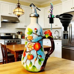 18 oz Hand-Painted Ceramic Relief Olive Oil Bottle Dispenser, with Handle Decorative Olive Oil Dispenser Bottle, Kitchen Ceramic Oil Vinegar Bottle Seasoning Bottle with Stainless Steel Spout & Funnel