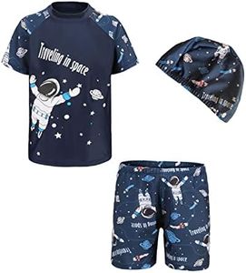 DOOVID Toddler Boy 3-Piece Swimwear Set Baby Boy Swimsuit with Hat UPF 50+ Rash Guards Short Sleeve Bathing Suit for Boys, Outer Space, 5-6 Years