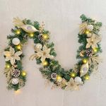 WANNA-CUL Pre-Lit 6 Feet/72 Inch Christmas Garland for Front Door with Lights Champagne Gold Christmas Mantel Garland Decoration with Ball Ornaments, Poinsettia Flowers,Ribbon,Battery Operated 30 LED