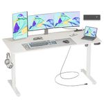 JOISCOPE Height-Adjustable Desk, Memory Height, Standing Desk, with Outlets and USB & Tpye-C and Side Hook, Ideal for Office Desk and Home Desk, 140 x 60 cm, White