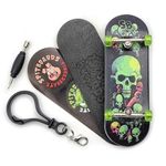 SPITBOARDS 32 * 96 mm Fingerboard Complete Wood Set-Up Assembled, 5-Layers, Silver Trucks with Bushings and Nuts, CNC Bearing Wheels in Transparent-Green, Lasered Grip Tape Lime Green Skull and Bones