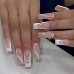 24pcs Long Coffin False Nails French Tip False Nails Glitter White Stick on Nails Nude Pink Press on Nails Glue-on Nails Removable Fake Nails Women Girls Nail Art Accessories