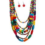 African Beaded Necklace Earrings Set Colorful Wood Beaded Necklace for Women Layered Bead Necklace Multicolor Long Strand Wood Necklace