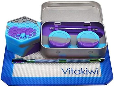 Vitakiwi Silicone Wax Carving Travel Kit with 5ml 26ml Honeybee Concentrate Containers + 5.2" Rainbow Tool + 5.9"×4.9" Mat + Tin Carrying Box (Purple Blue Grey)