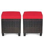 RELAX4LIFE 2-Piece Outdoor Ottoman, Wicker Rattan Foot Stool with Removable Cushions & Storage, 3-in-1 Square Footrest Seating Side Table, Outdoor Ottomans for Patio Backyard Garden Porch (Red)