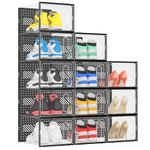 eWonLife X-Large Shoe Storage Box with Magnetic Door, 12 Pack Clear Plastic Stackable Shoe Organizer for Closet, Shoe Rack Sneaker Containers Bins Holder for Drop Front,Black