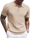 COOFANDY Mens Golf Shirt Ribbed Knitted Polo Shirts Business Casual Polos Shirt Vintage Textured Collared Shirts Trendy Summer Clothes 2025 Light Khaki